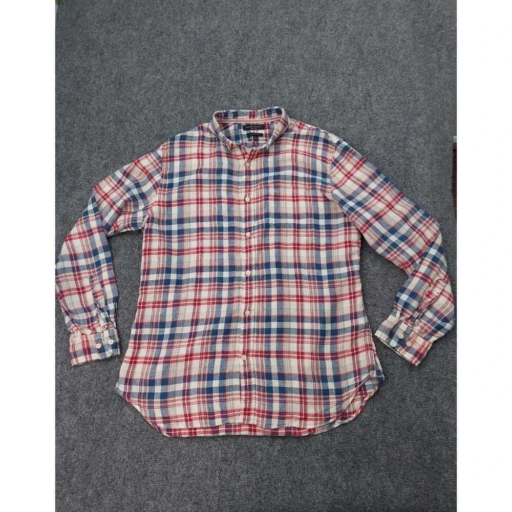 Banana Republic Linen Shirt Mens XL Red Blue Plaid Camden Fit Button Down L/S